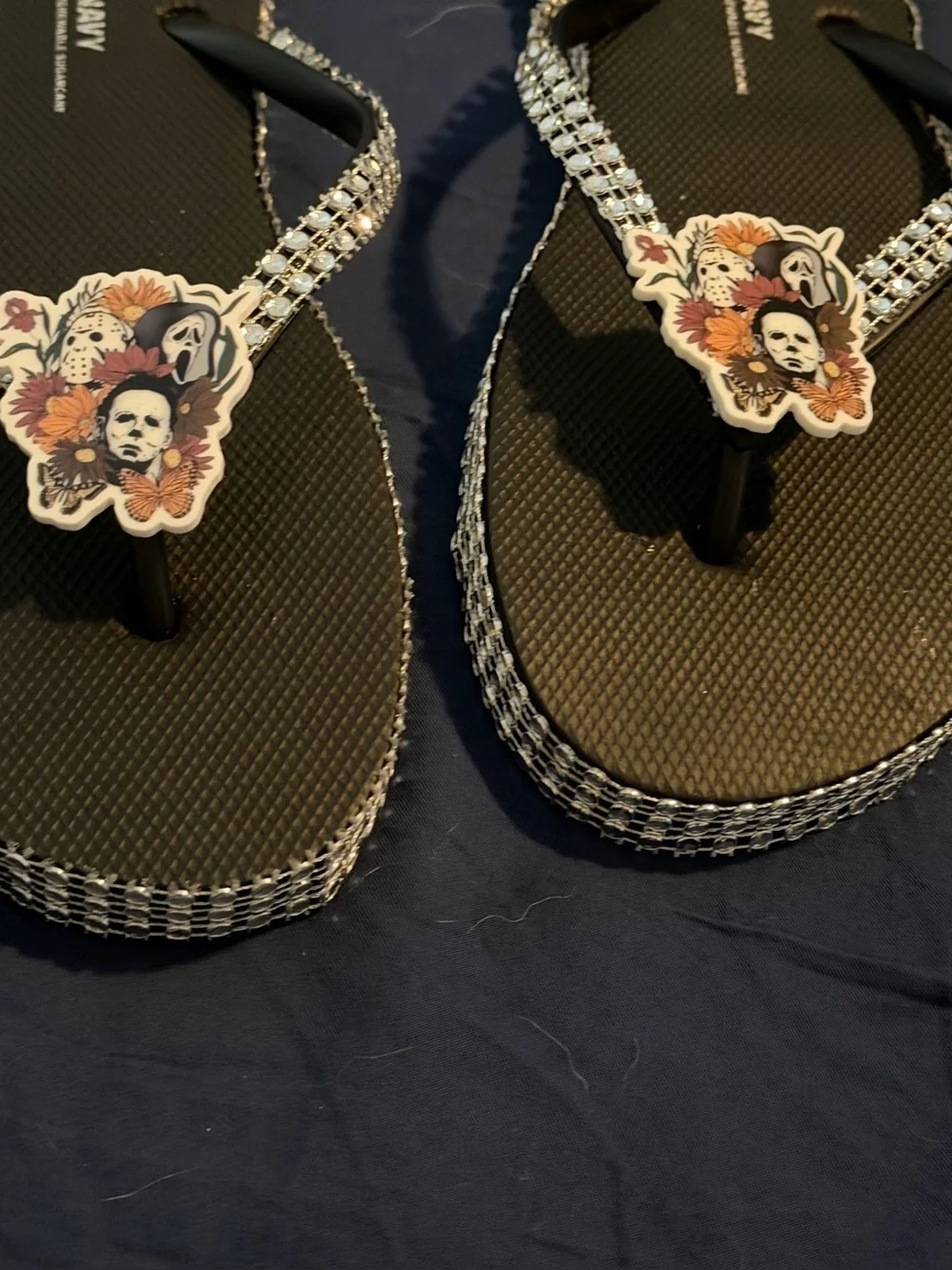 Black Floral Horror-Theme Rhinestone Flip Flops